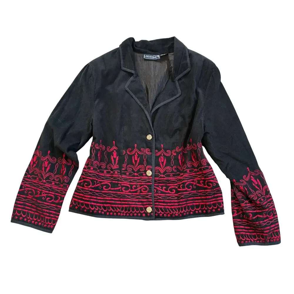 Nostalgia Red Embroidered Black Jacket Blazer By Designer Nostalgia Size L
